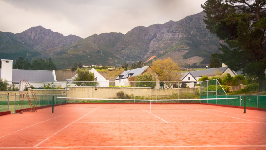Clay tennis court at Franschhoek Tennis Club in the Western Cape, South Africa