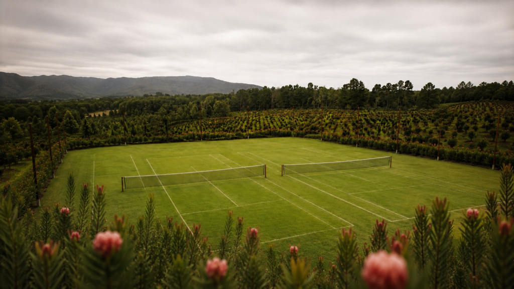 Grass tennis courts among the gardens and forest at Portland Manor, Knysna.
