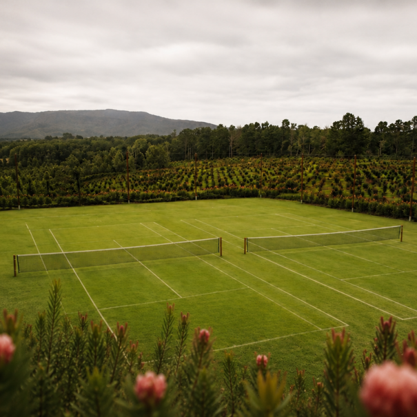 Grass tennis courts among the gardens and forest at Portland Manor, Knysna.